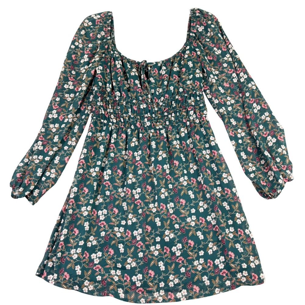 Trixx M Green Ditzy Flowers Long Sleeve Smocked Mini Dress‎ Cottagecore Boho